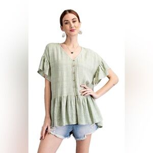 NWT Easel Textured Peplum Tunic Button Down Top, Size M